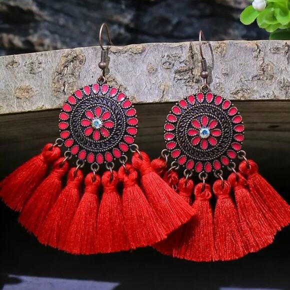 No Brand Jewelry - Vintage Look Red Tassel Floral Geometric Pattern Boho Dangle Earrings, New!
